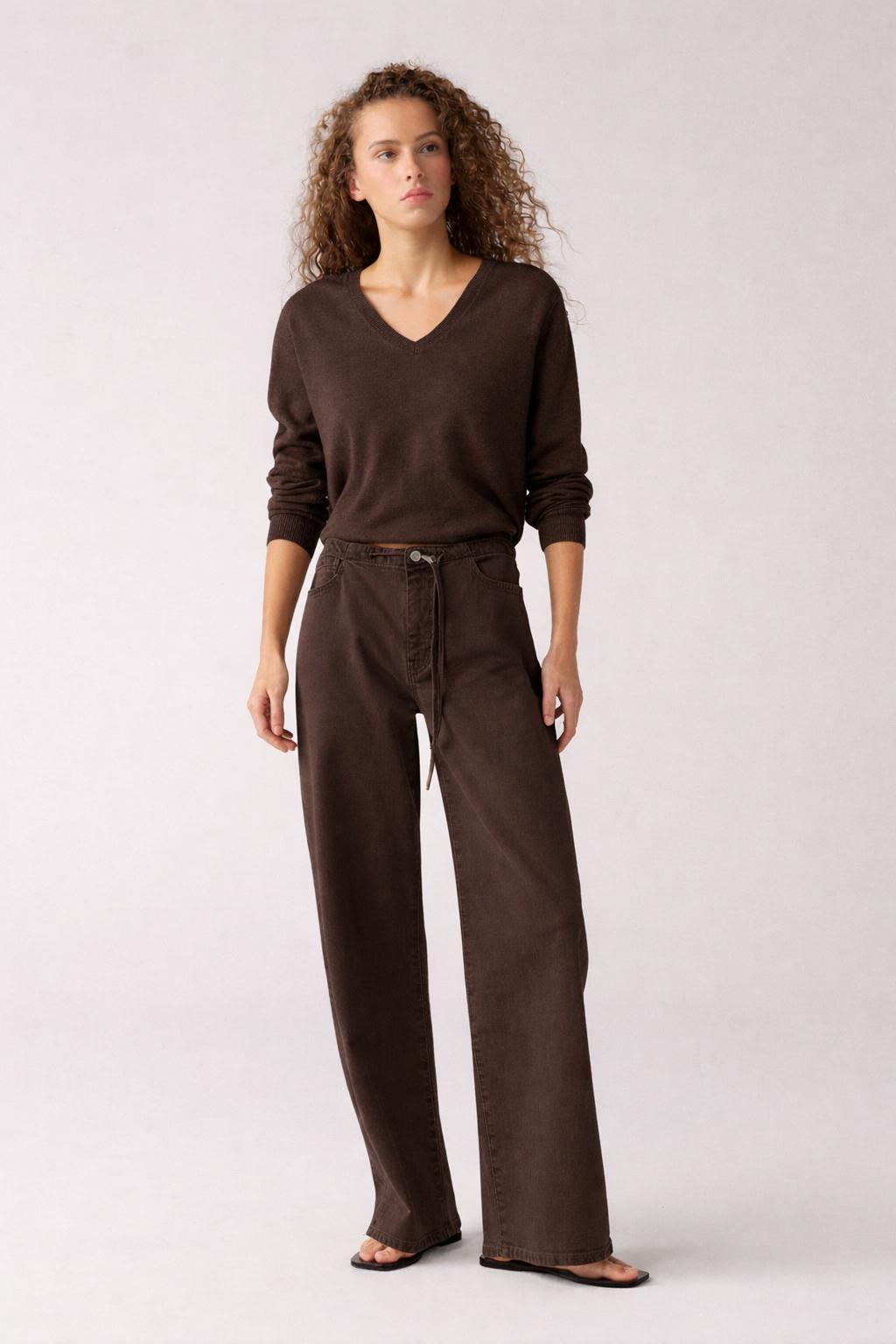 Dark brown v-neck sweater with matching drawstring wide-leg pants
