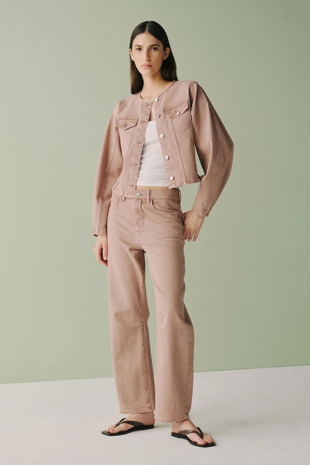 Dusty rose collarless denim jacket with matching straight-leg pants
