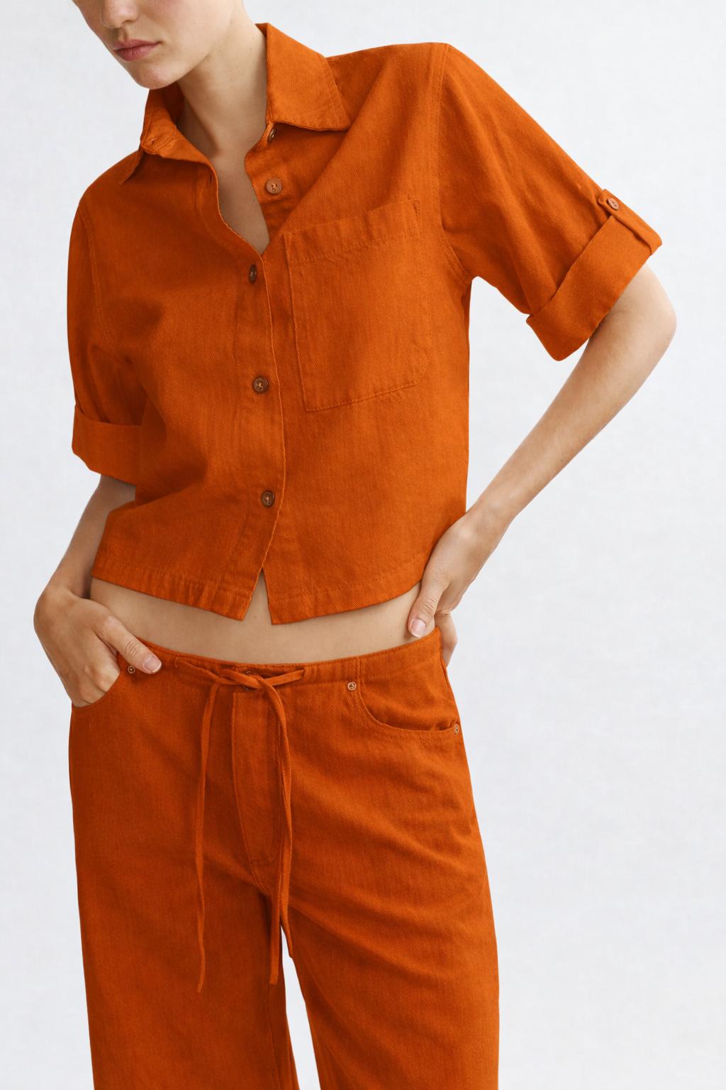 Light sage cropped button-front shirt with matching drawstring pants