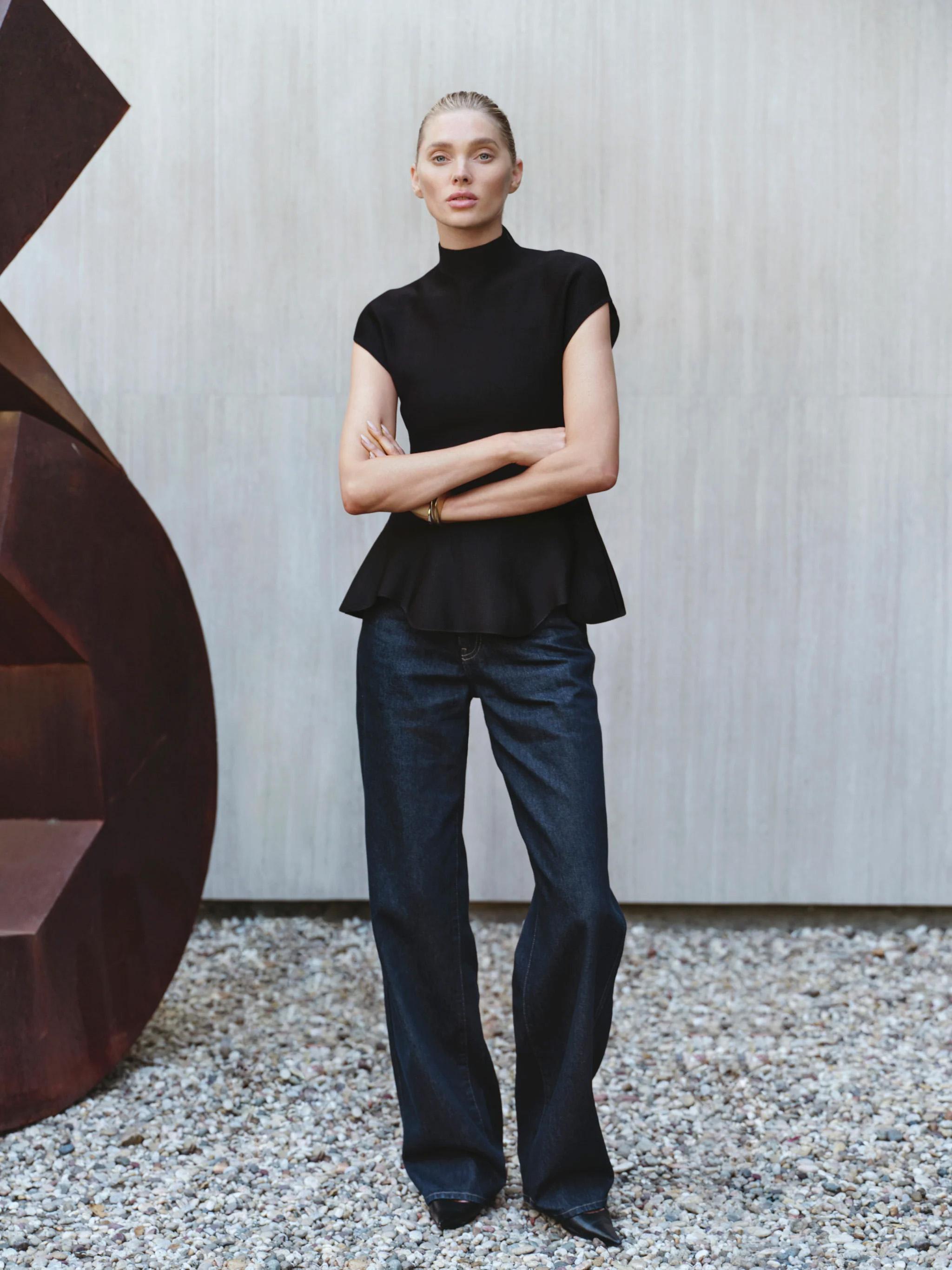 Dusty rose collarless denim jacket with matching straight-leg pants