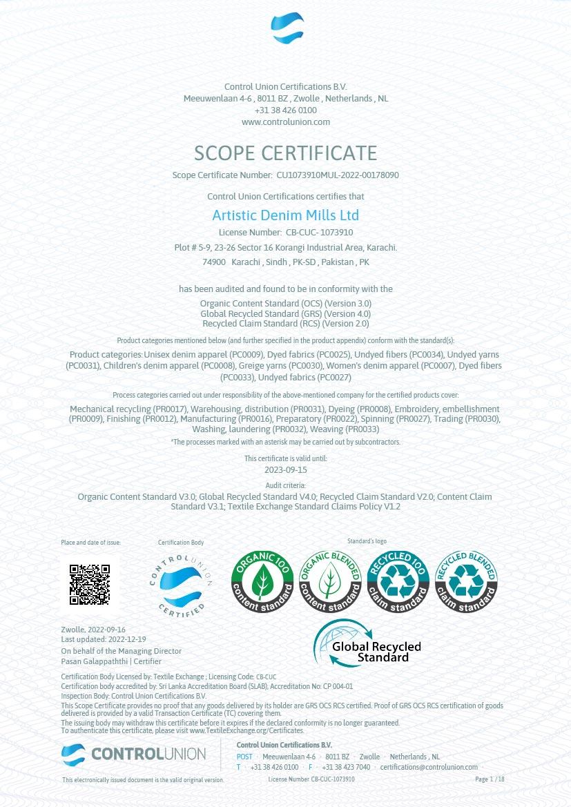 OCS GRS RCS certified denim — ADM certificate page 1