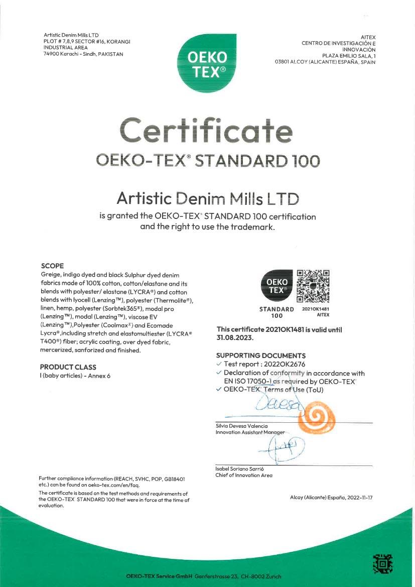 OEKO-TEX Standard 100 certified denim — Artistic Denim Mills